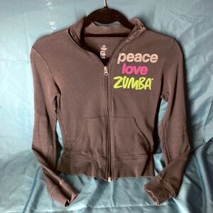 Zumba Zip-Up Sweatshirt XS Black Rhinestone Peace Love Logo Excellent Condition